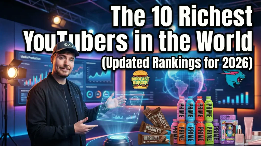 Confident young male entrepreneur surrounded by diverse business icons symbolizing top YouTubers in 2026