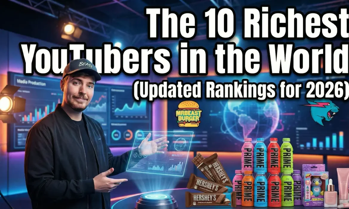 Confident young male entrepreneur surrounded by diverse business icons symbolizing top YouTubers in 2026