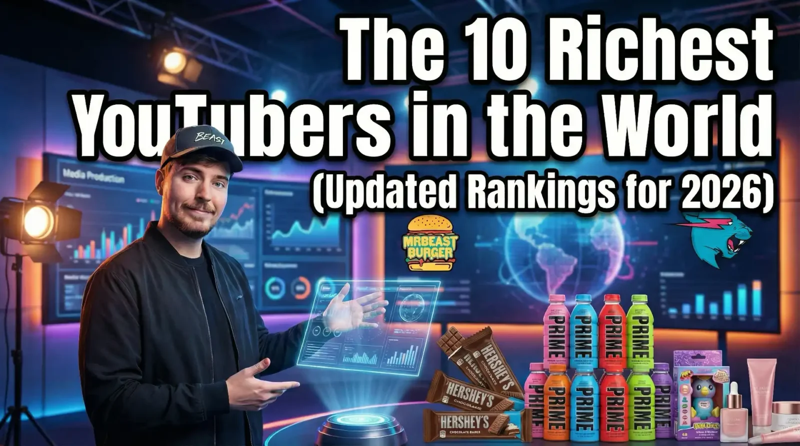 Confident young male entrepreneur surrounded by diverse business icons symbolizing top YouTubers in 2026