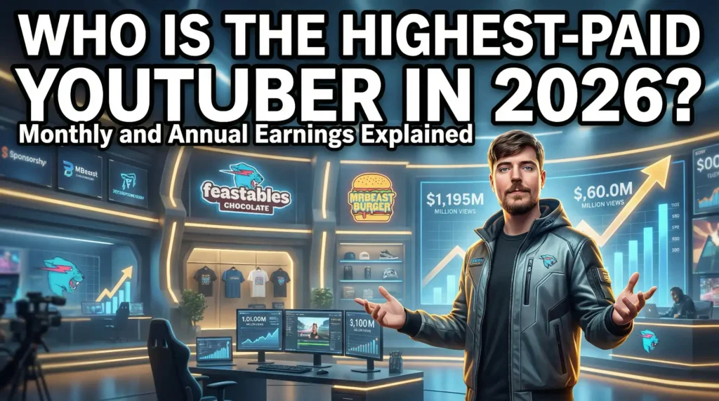 MrBeast confidently in modern studio surrounded by high-tech gear, screens, and brand logos