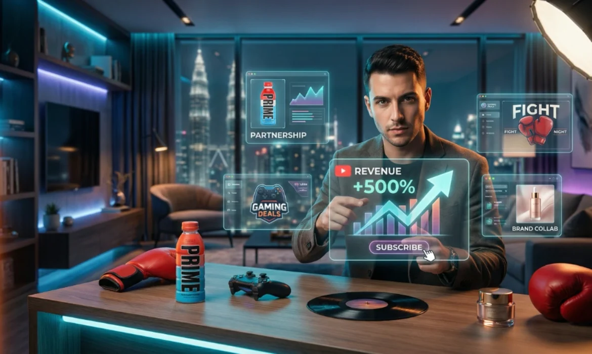 Young digital entrepreneur surrounded by holographic screens showing analytics and diverse income streams