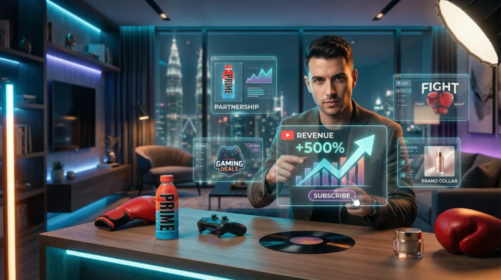 Young digital entrepreneur surrounded by holographic screens showing analytics and diverse income streams