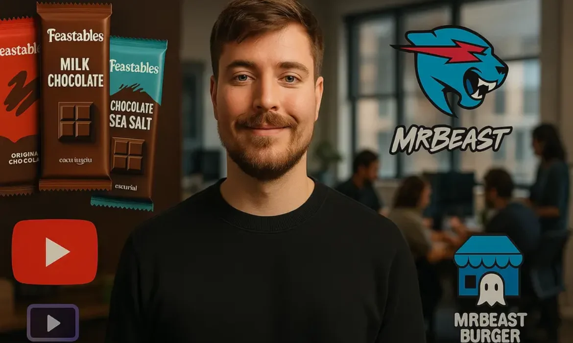 Jimmy Donaldson in a modern office with Feastables, MrBeast Burger, and digital media icons nearby