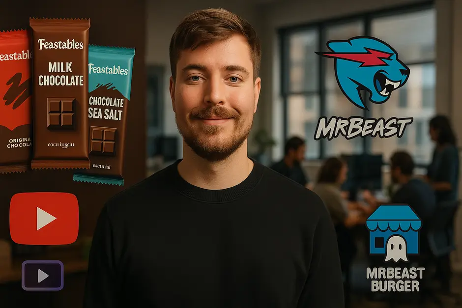 Jimmy Donaldson in a modern office with Feastables, MrBeast Burger, and digital media icons nearby