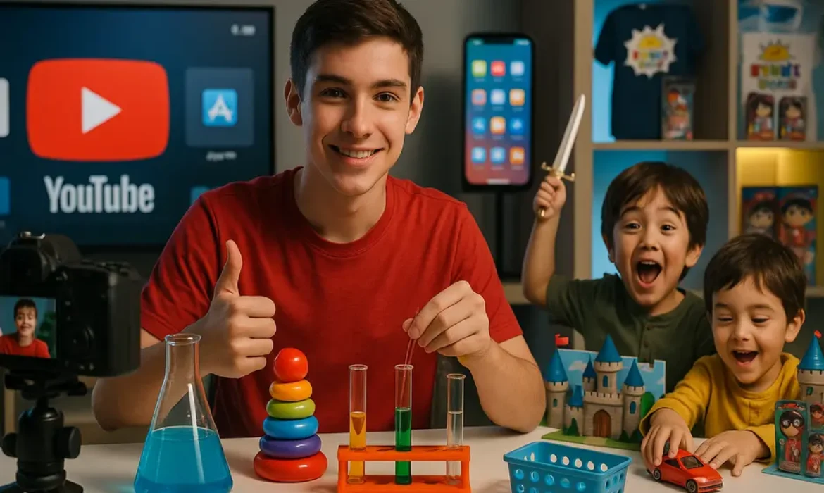 Teenage boy at desk with science toys and two young brothers playing with cars in colorful studio