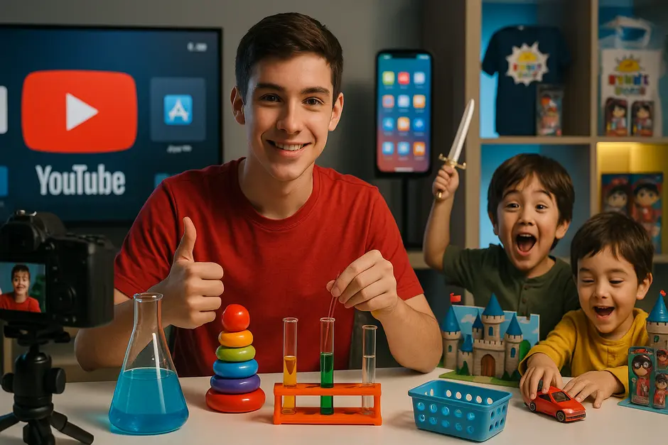Teenage boy at desk with science toys and two young brothers playing with cars in colorful studio