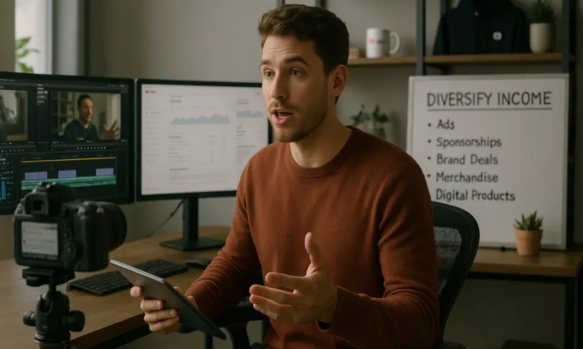 Modern YouTube creator in a home studio with dual monitors, camera, branded merch, and strategy whiteboard.
