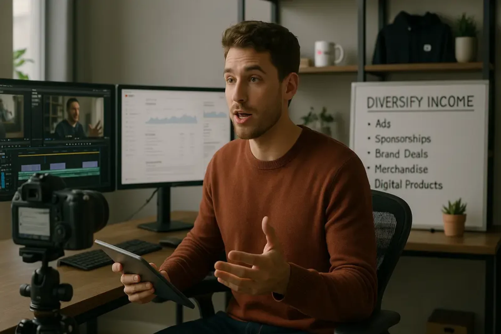 Modern YouTube creator in a home studio with dual monitors, camera, branded merch, and strategy whiteboard.
