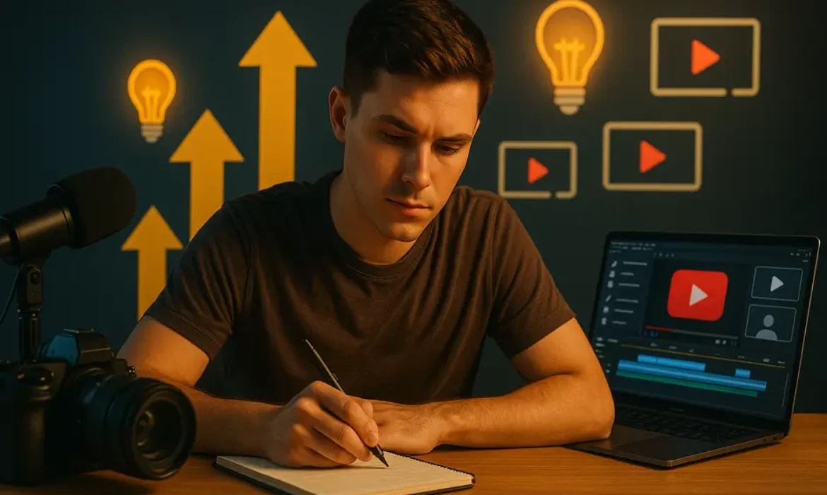 Young YouTube creator at desk planning content with camera, mic, laptop, and vibrant creative icons.