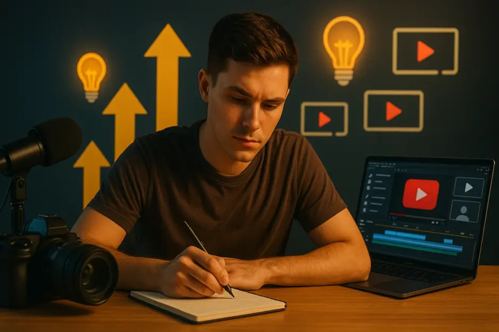 Young YouTube creator at desk planning content with camera, mic, laptop, and vibrant creative icons.
