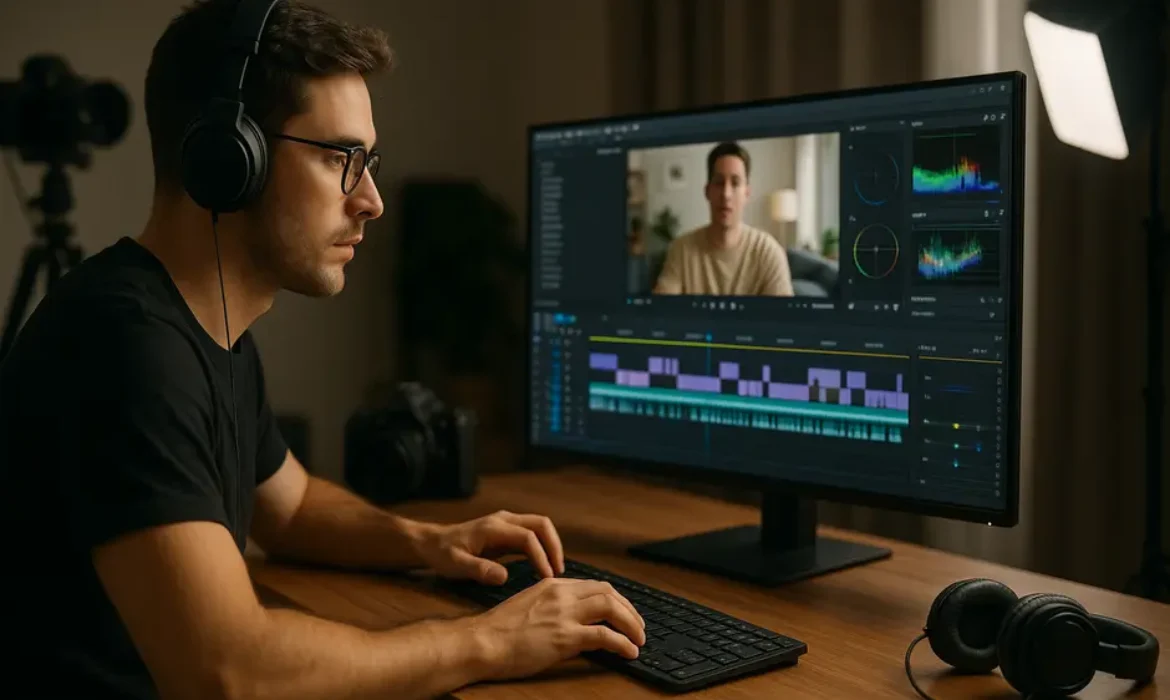 YouTuber editing a vlog on widescreen monitor with timeline, audio waves, color scopes in home studio
