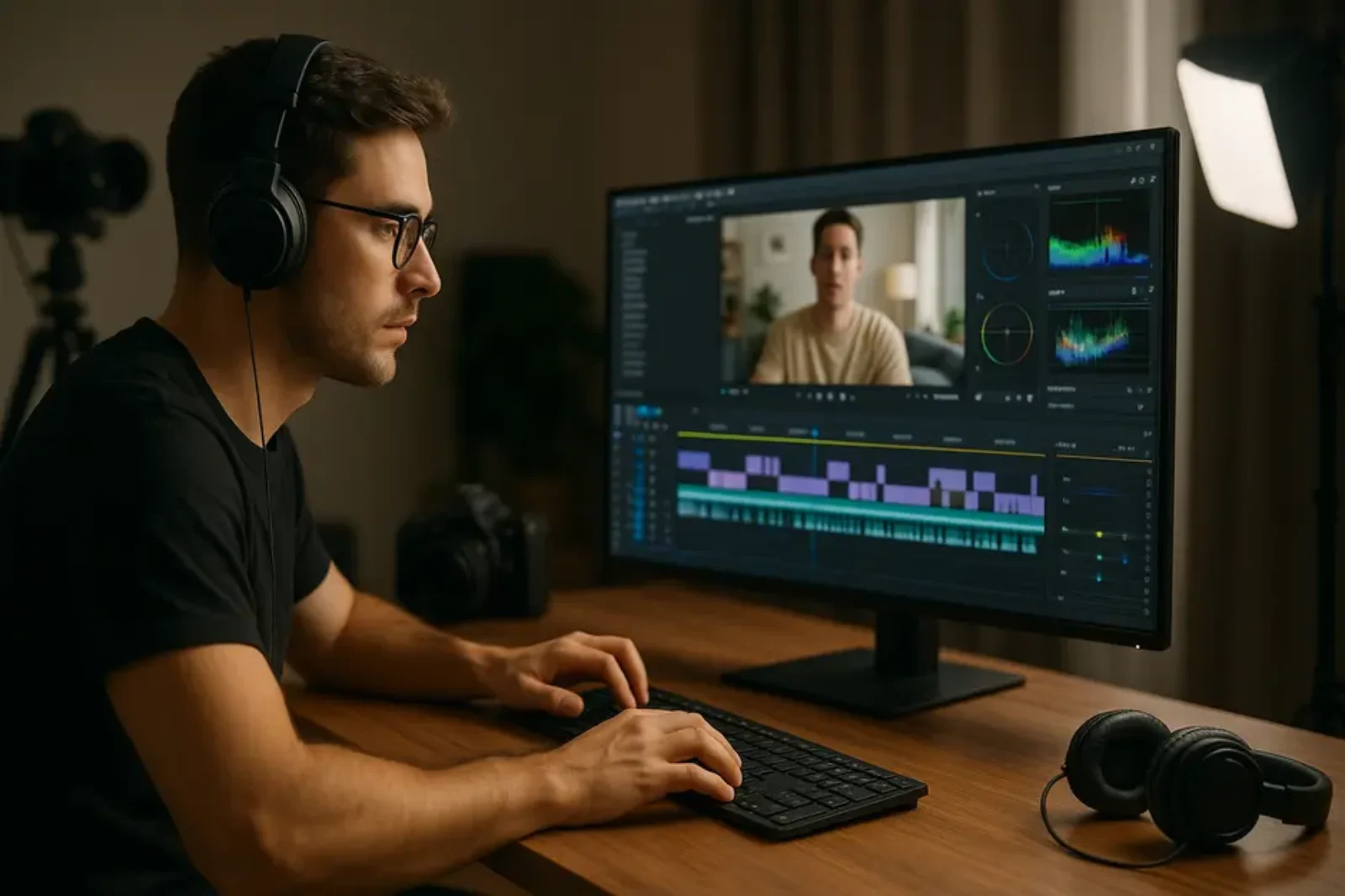 YouTuber editing a vlog on widescreen monitor with timeline, audio waves, color scopes in home studio