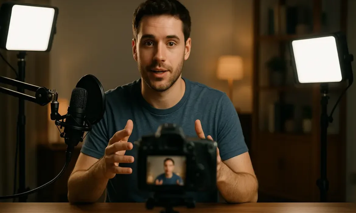 Professional YouTuber in cozy home studio with three-point lighting, clear audio, and engaging presence.