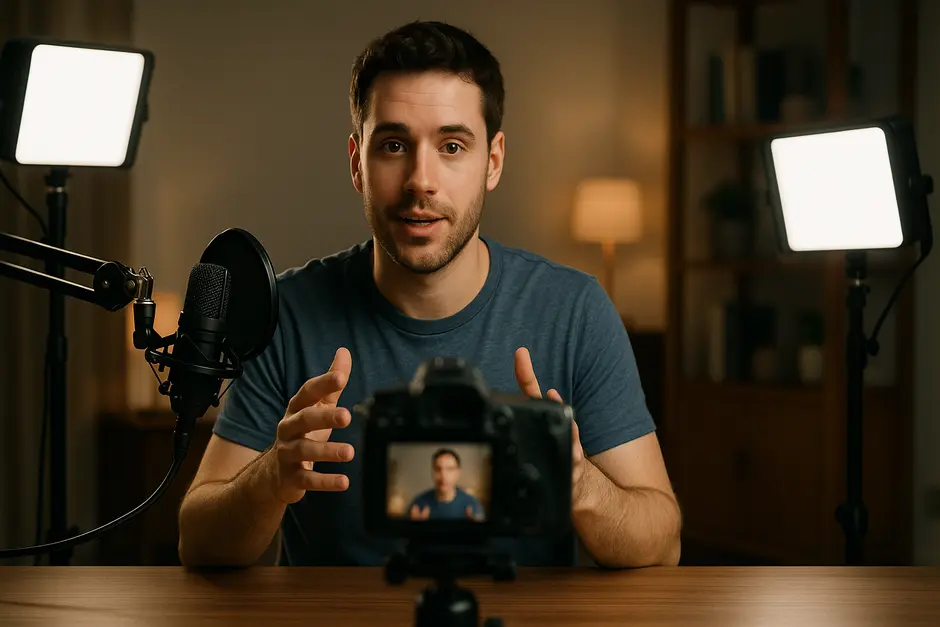 Professional YouTuber in cozy home studio with three-point lighting, clear audio, and engaging presence.