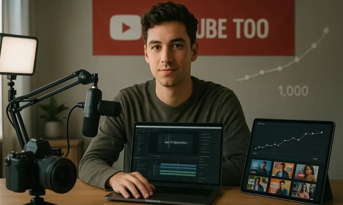 Young confident YouTuber at desk with laptop, camera, microphone, lighting, and analytics charts.