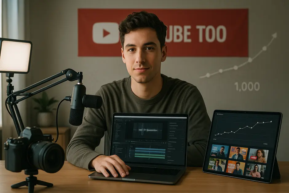 Young confident YouTuber at desk with laptop, camera, microphone, lighting, and analytics charts.