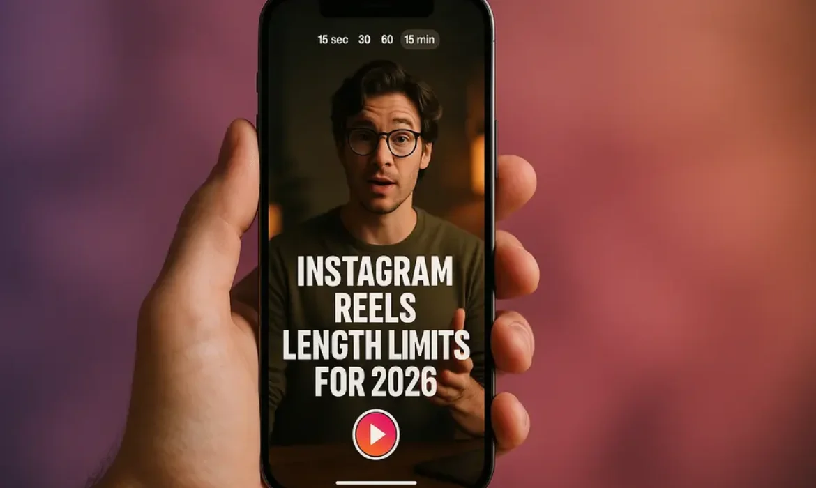 Smartphone showing Instagram Reels creation with 15-minute duration selected and tutorial video preview.