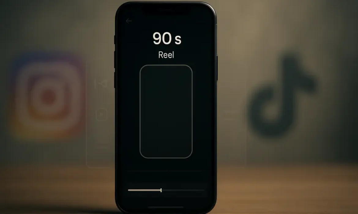 Smartphone displaying Instagram Reel timer at 90 seconds with editing tools and social media icons background