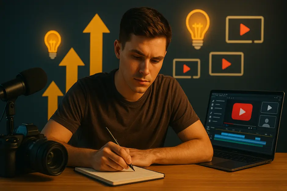 Young YouTube creator at desk planning content with camera, mic, laptop, and vibrant creative icons.