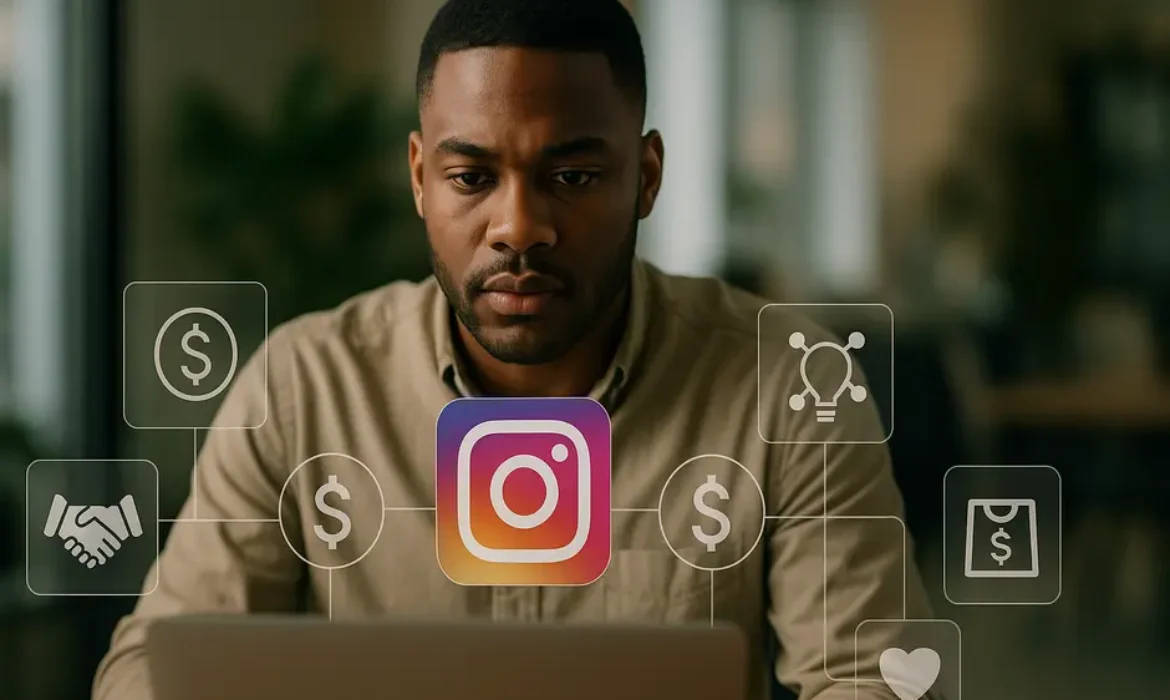 Professional analyzing Instagram monetization strategies on laptop with marketing icons around.