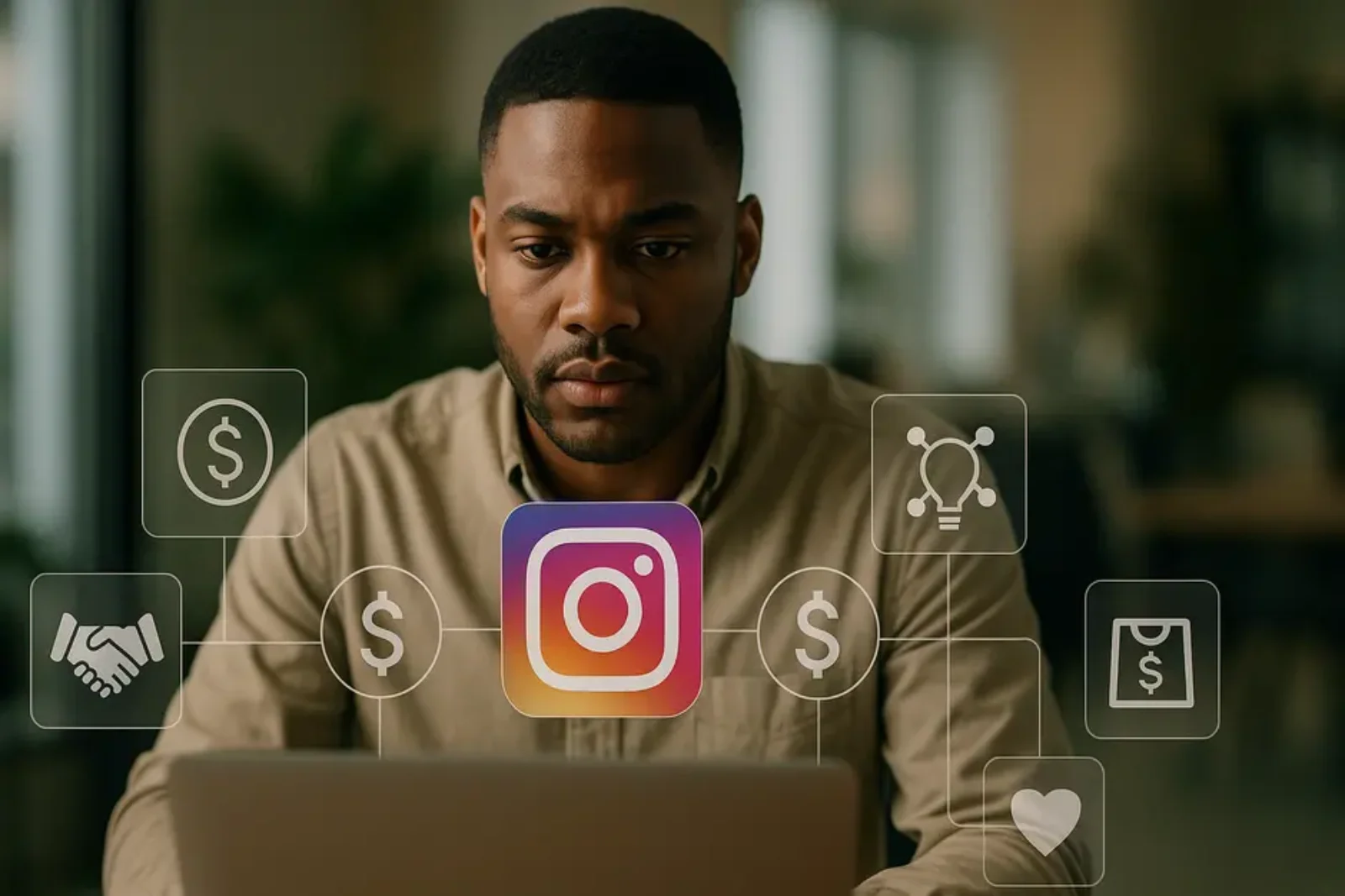 Professional analyzing Instagram monetization strategies on laptop with marketing icons around.
