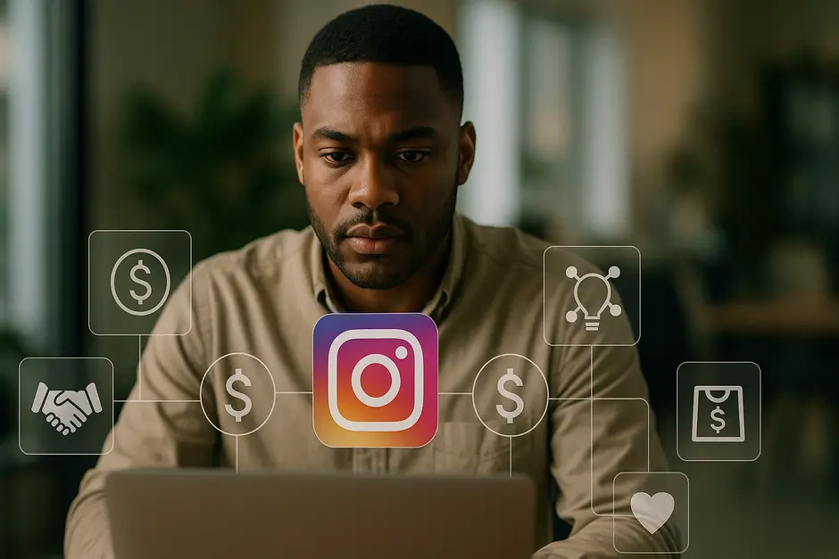 Professional analyzing Instagram monetization strategies on laptop with marketing icons around.