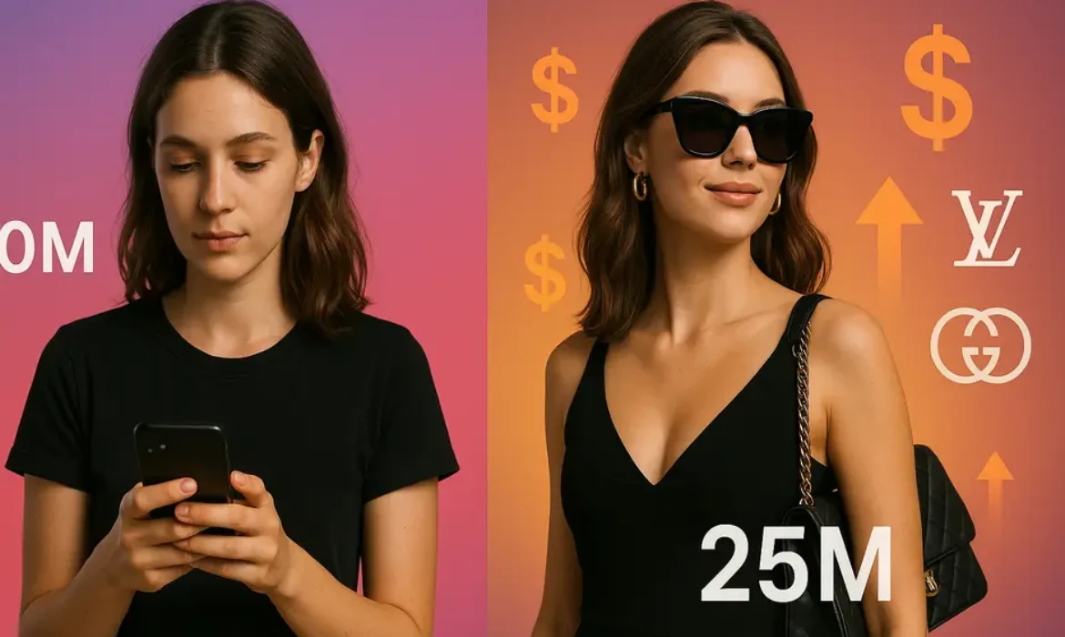 Split-screen showing stylish influencer with smartphone and glamorous version surrounded by luxury brands, dollar signs, and upward arrows on Instagram gradient background.