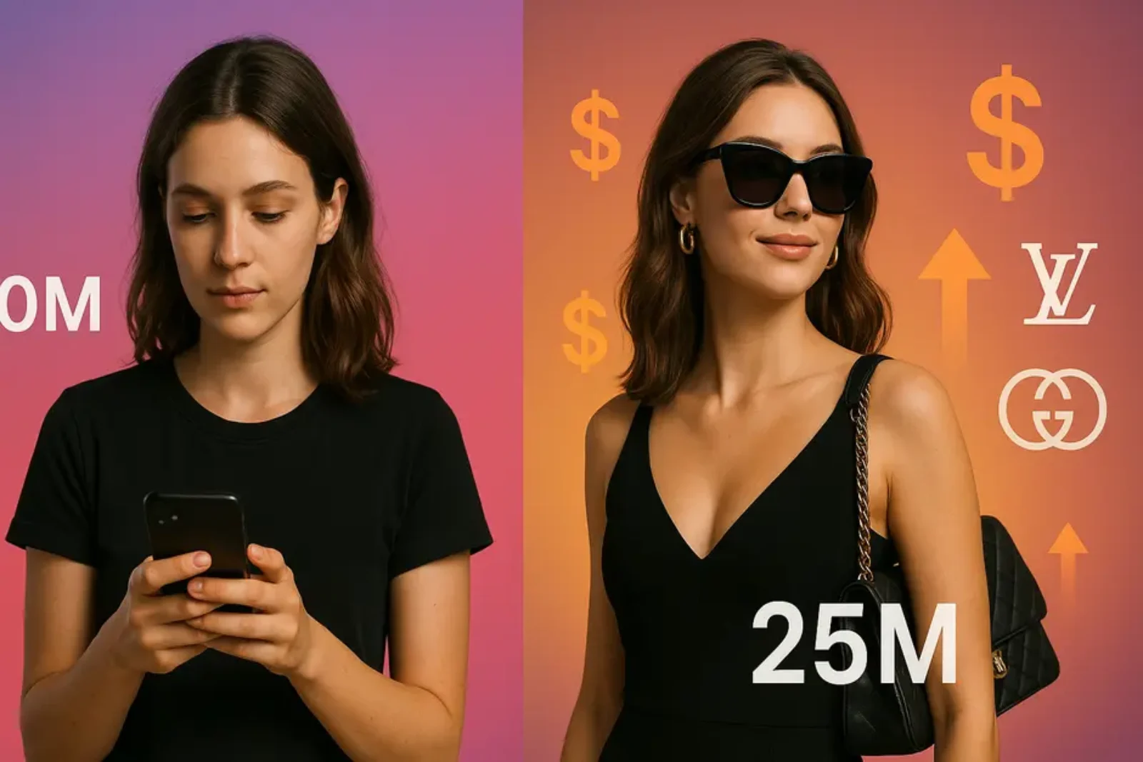 Split-screen showing stylish influencer with smartphone and glamorous version surrounded by luxury brands, dollar signs, and upward arrows on Instagram gradient background.
