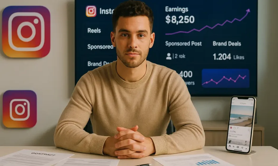Confident influencer in bright studio with Instagram logos, contracts, and analytics on screen.
