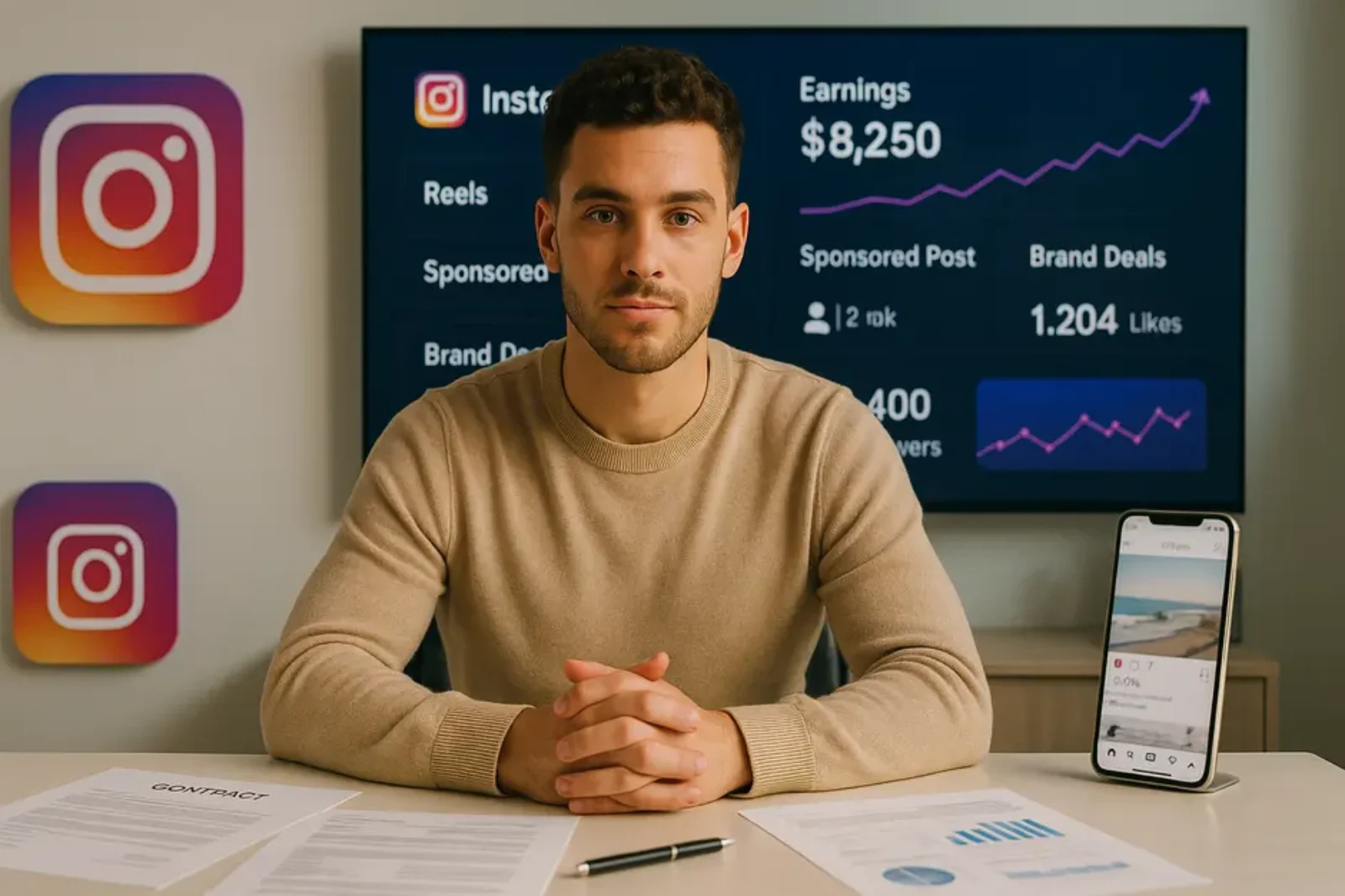Confident influencer in bright studio with Instagram logos, contracts, and analytics on screen.