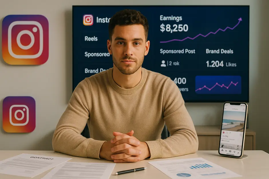 Confident influencer in bright studio with Instagram logos, contracts, and analytics on screen.