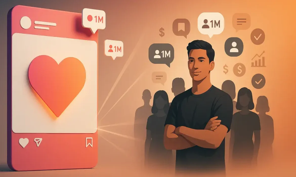 Modern Instagram illustration showing 1 million likes versus 1 million followers with engagement and monetization icons.