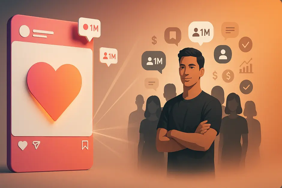 Modern Instagram illustration showing 1 million likes versus 1 million followers with engagement and monetization icons.