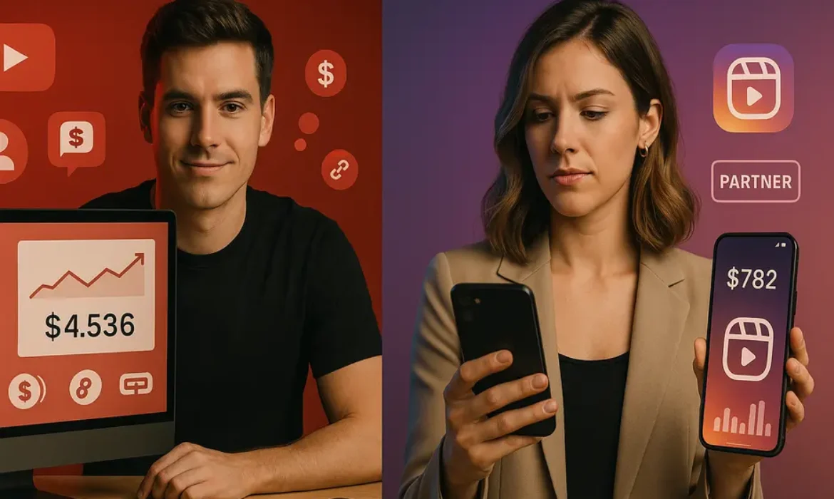 Split-screen digital illustration comparing YouTube and Instagram Reels monetization with contrasting creators and earnings