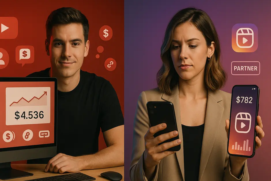 Split-screen digital illustration comparing YouTube and Instagram Reels monetization with contrasting creators and earnings