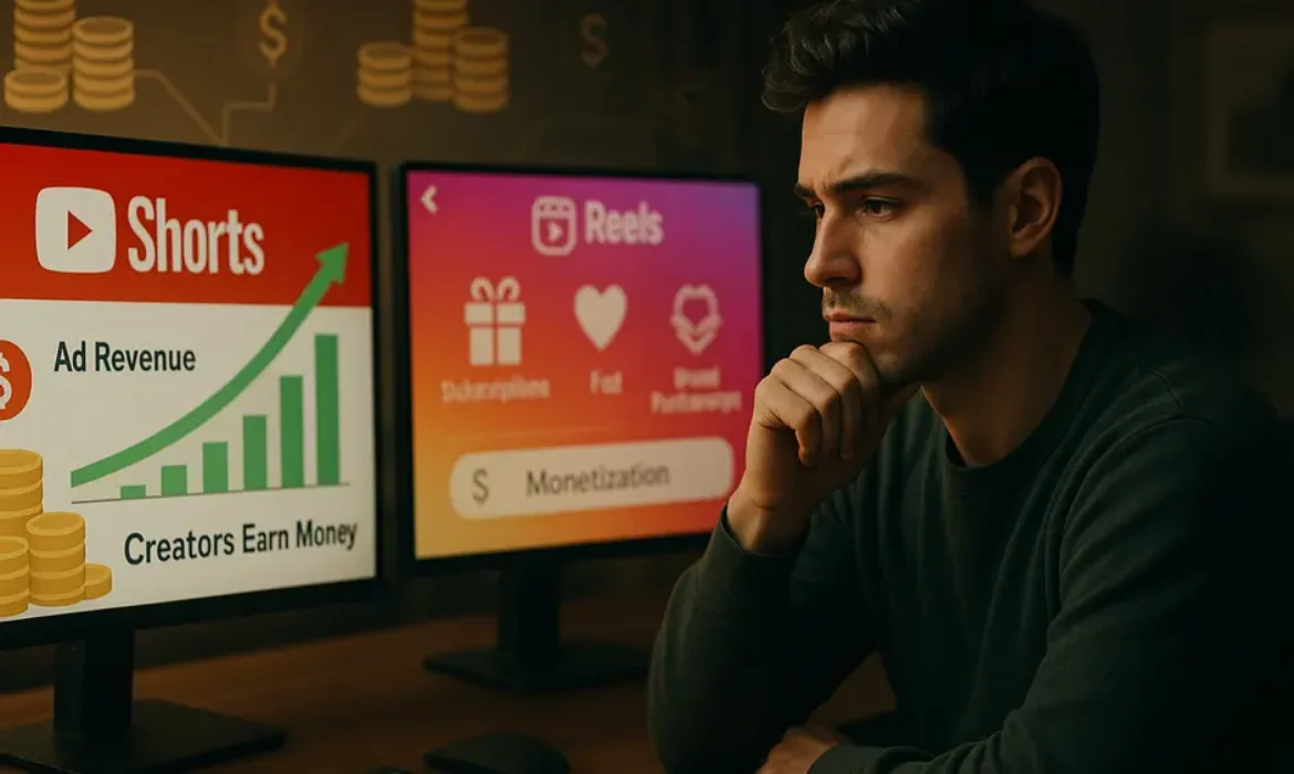 Split-screen digital art contrasting YouTube Shorts monetization growth with Instagram Reels limited earnings.