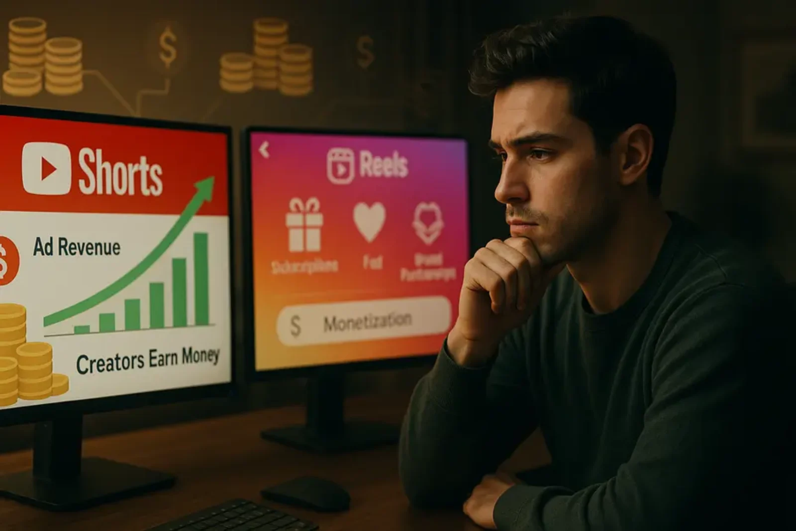 Split-screen digital art contrasting YouTube Shorts monetization growth with Instagram Reels limited earnings.