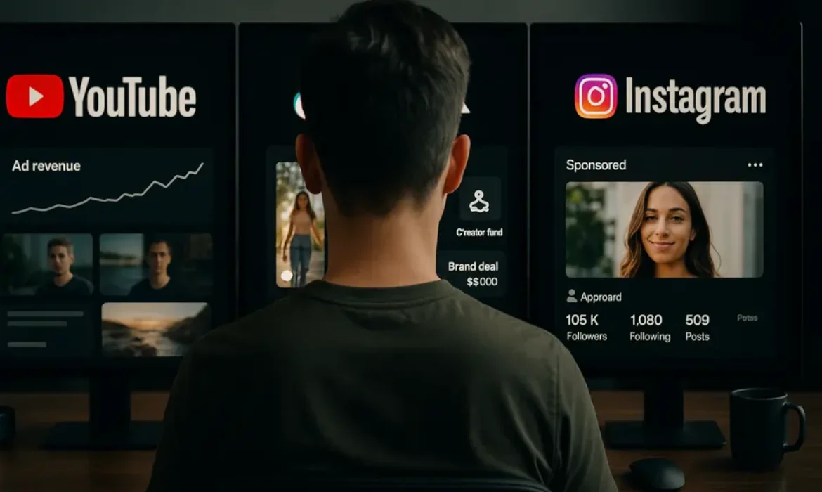 Digital workspace with three screens showing YouTube, TikTok, and Instagram monetization models for creators.