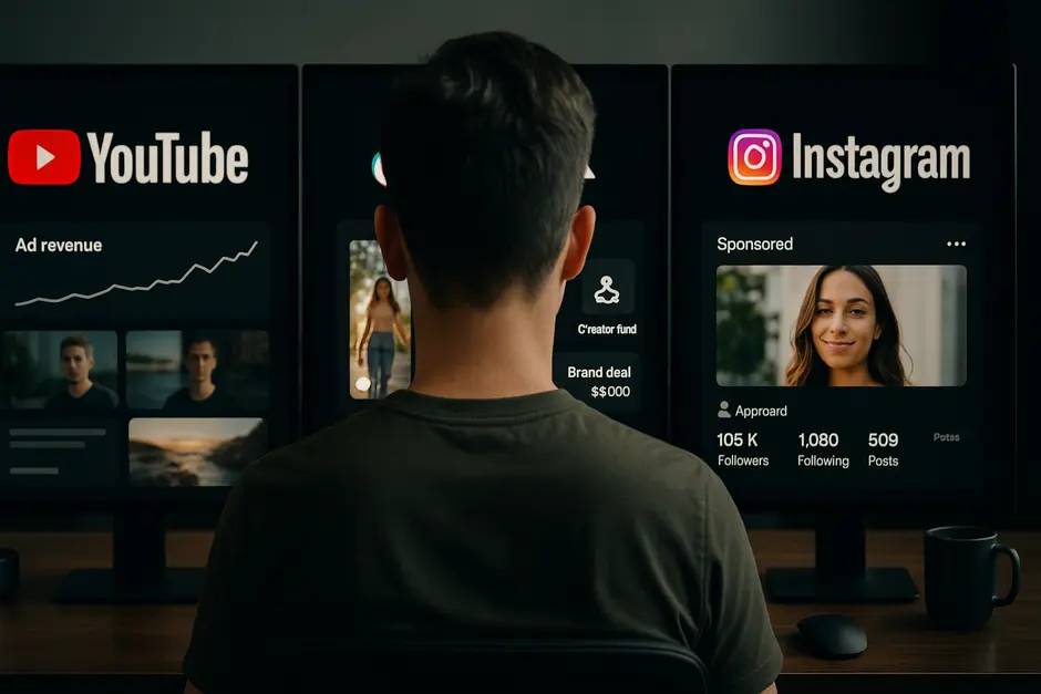 Digital workspace with three screens showing YouTube, TikTok, and Instagram monetization models for creators.