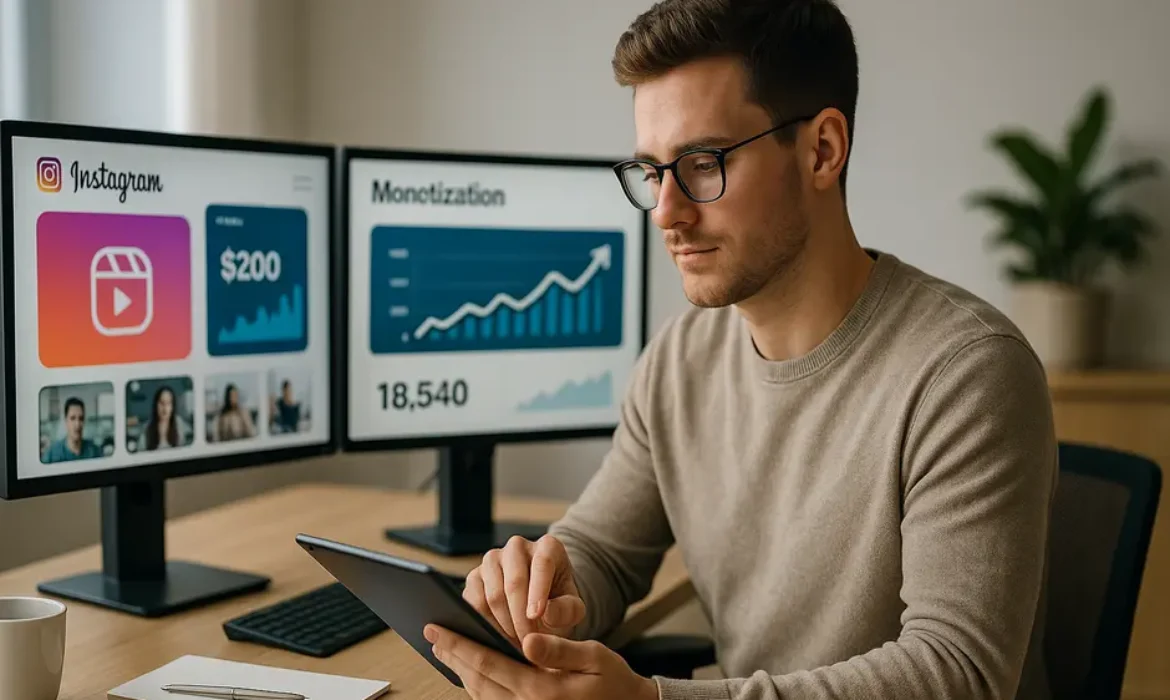 Professional content creator analyzing Instagram analytics and monetization strategy in modern home office.