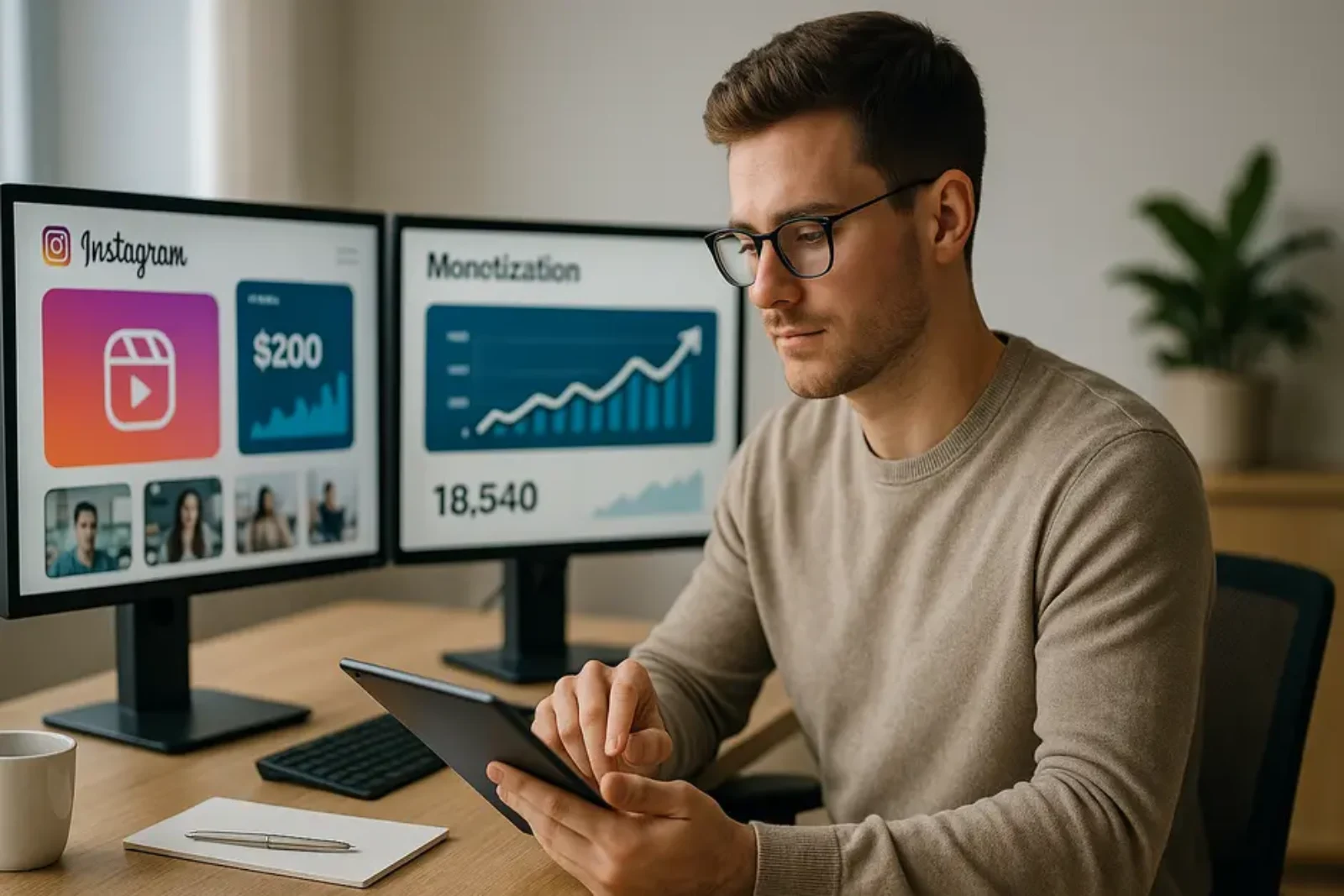 Professional content creator analyzing Instagram analytics and monetization strategy in modern home office.