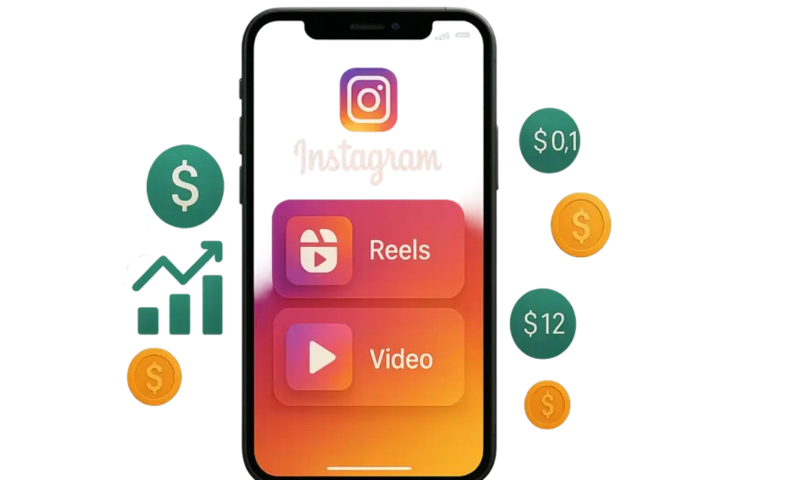 Smartphone screen showing Instagram monetization with reels, money symbols, charts, and global audience map