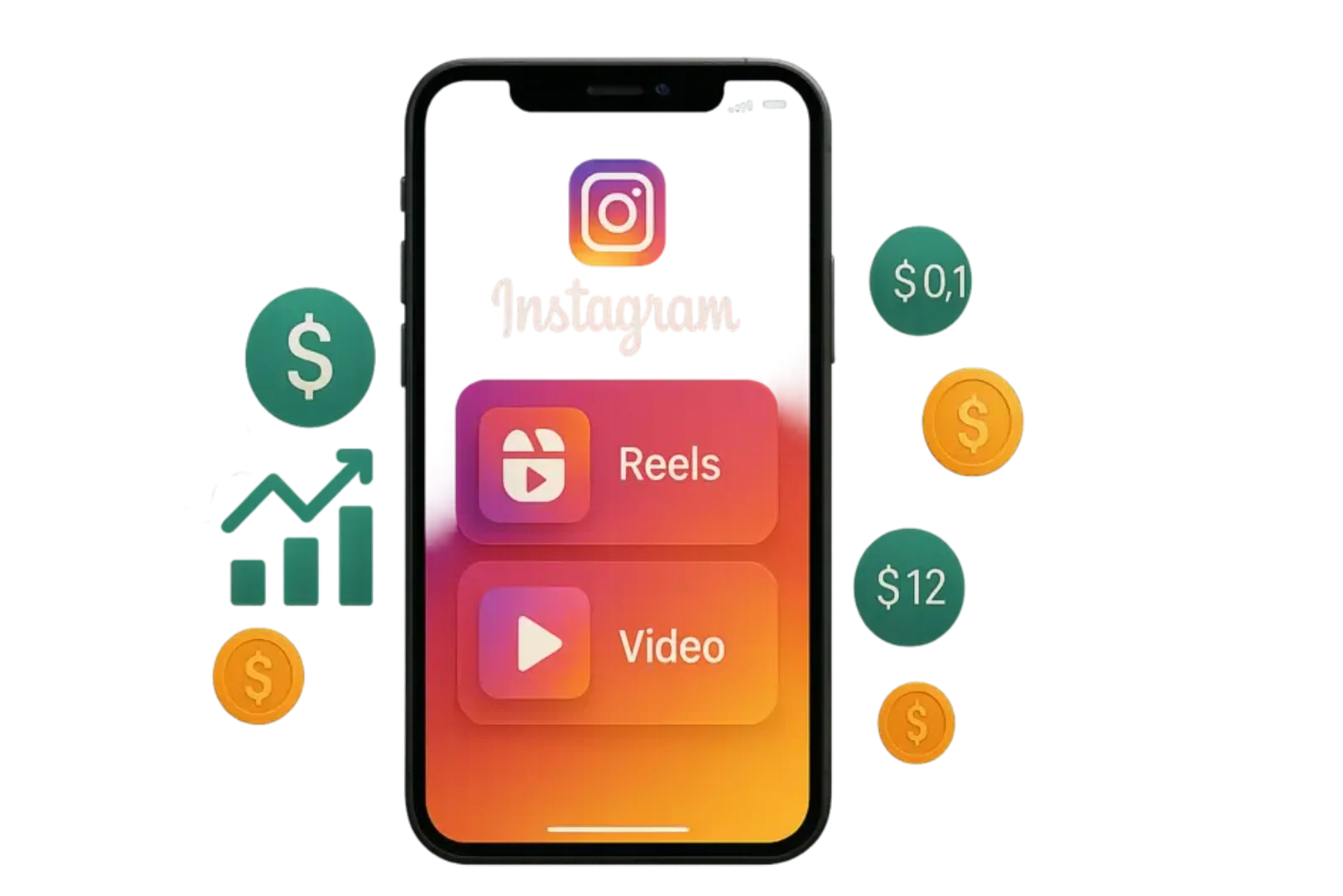 Smartphone screen showing Instagram monetization with reels, money symbols, charts, and global audience map