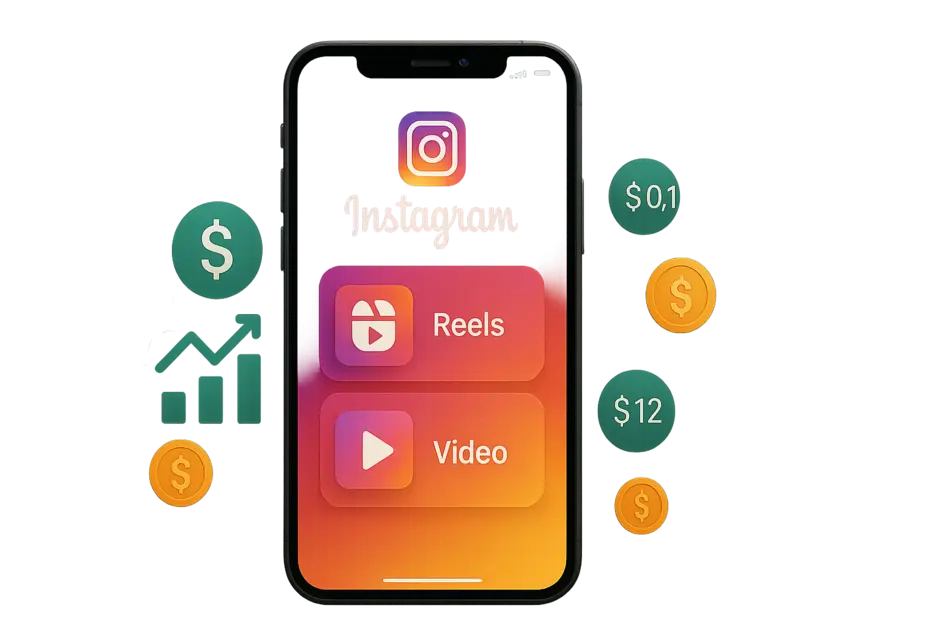 Smartphone screen showing Instagram monetization with reels, money symbols, charts, and global audience map