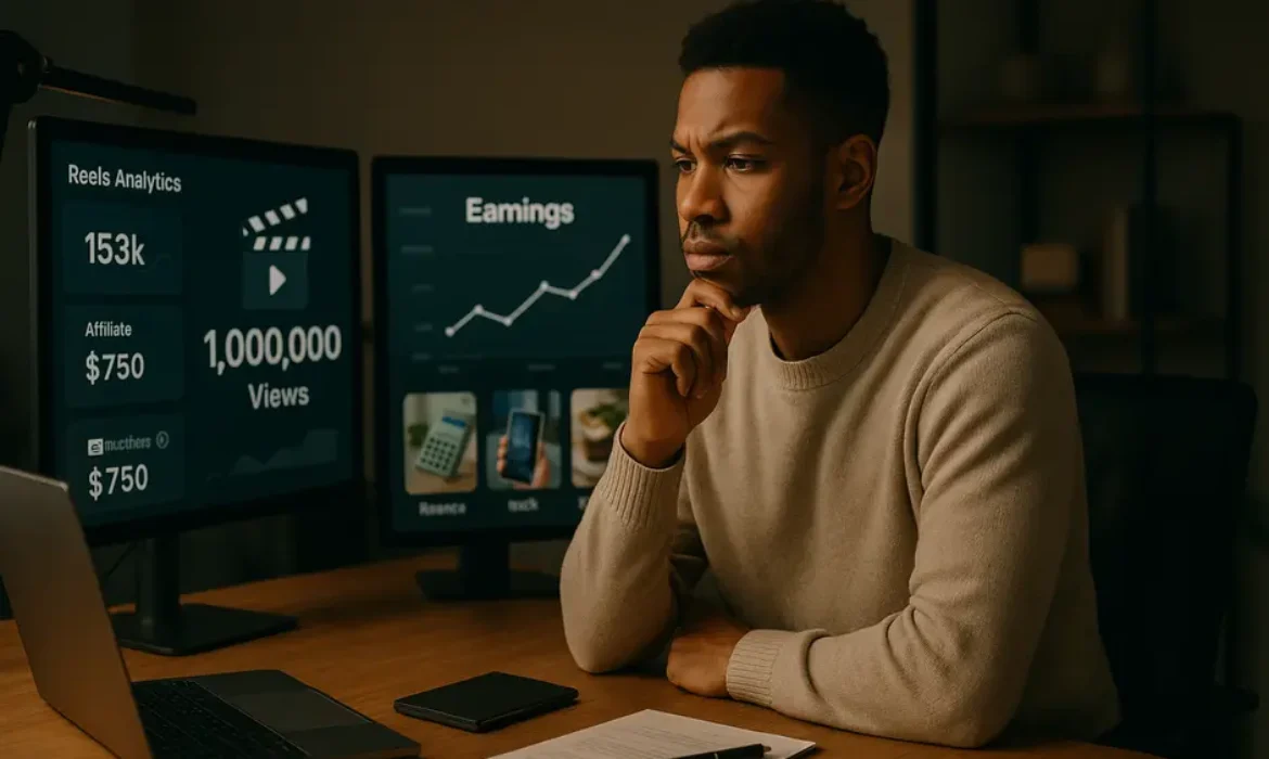 Social media creator in modern studio analyzing Instagram Reels analytics, earnings, and brand strategies.