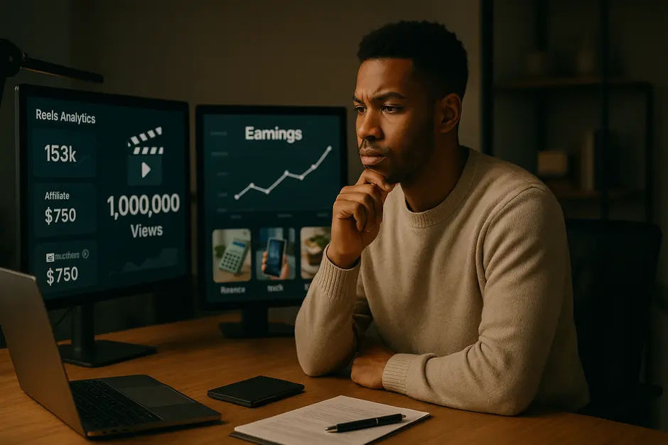 Social media creator in modern studio analyzing Instagram Reels analytics, earnings, and brand strategies.