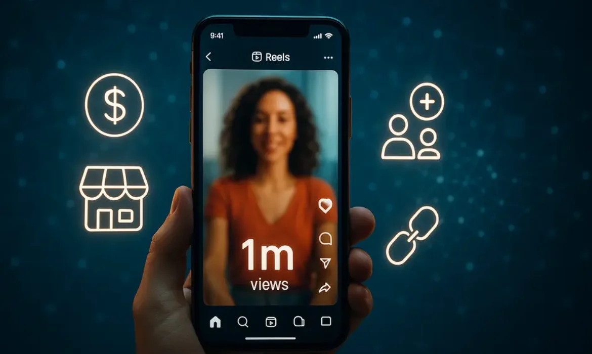 Smartphone showing viral Instagram Reel with 1M views and icons for brand deals, sponsorships, and monetization.