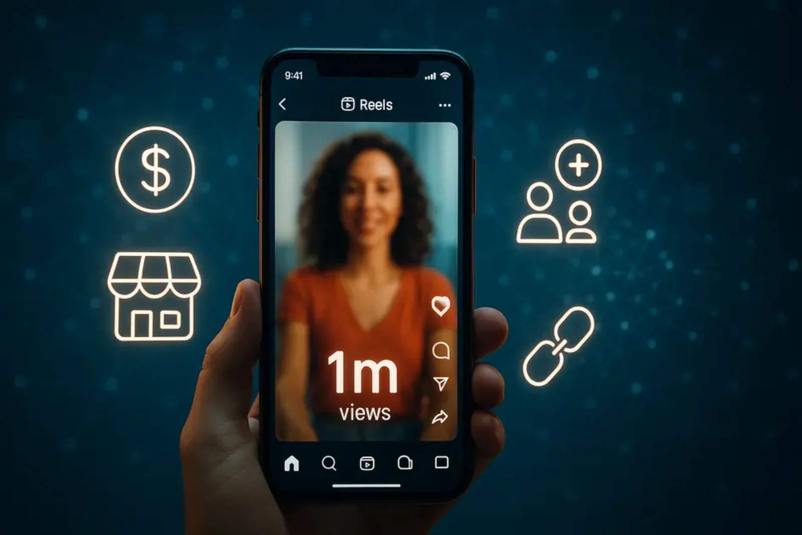 Smartphone showing viral Instagram Reel with 1M views and icons for brand deals, sponsorships, and monetization.