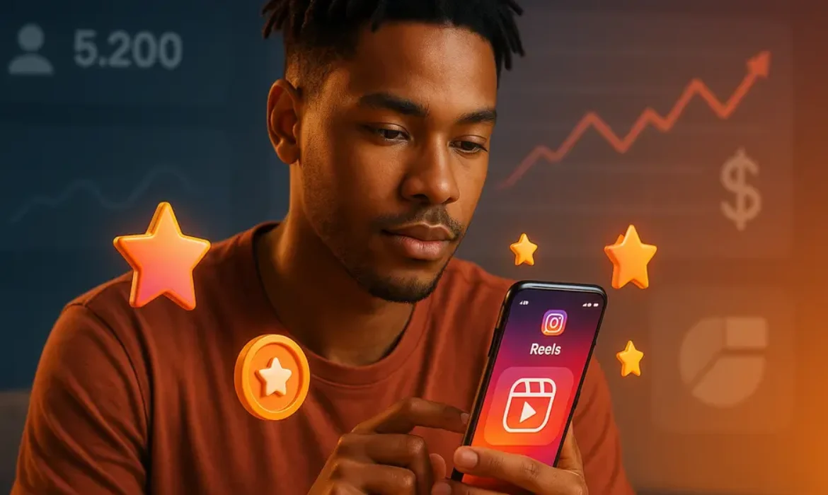 Diverse young creator using smartphone showing Instagram Reels with floating stars and badges, UI elements behind.