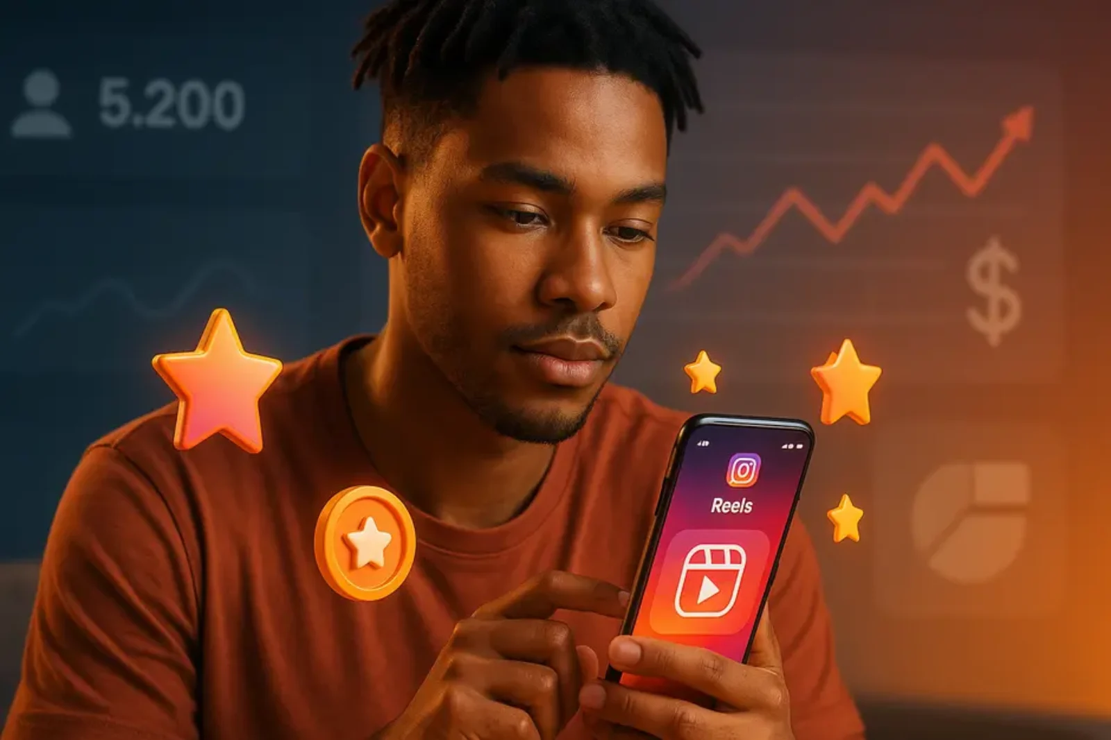 Diverse young creator using smartphone showing Instagram Reels with floating stars and badges, UI elements behind.